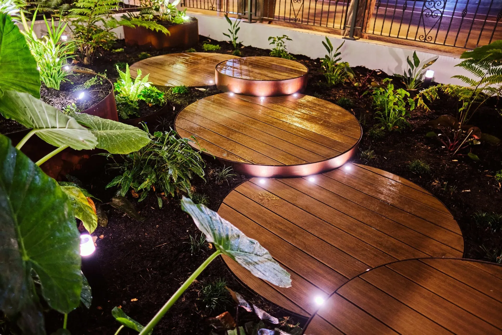 Modern Hay Street landscape design with platform decking and feature planting, Perth